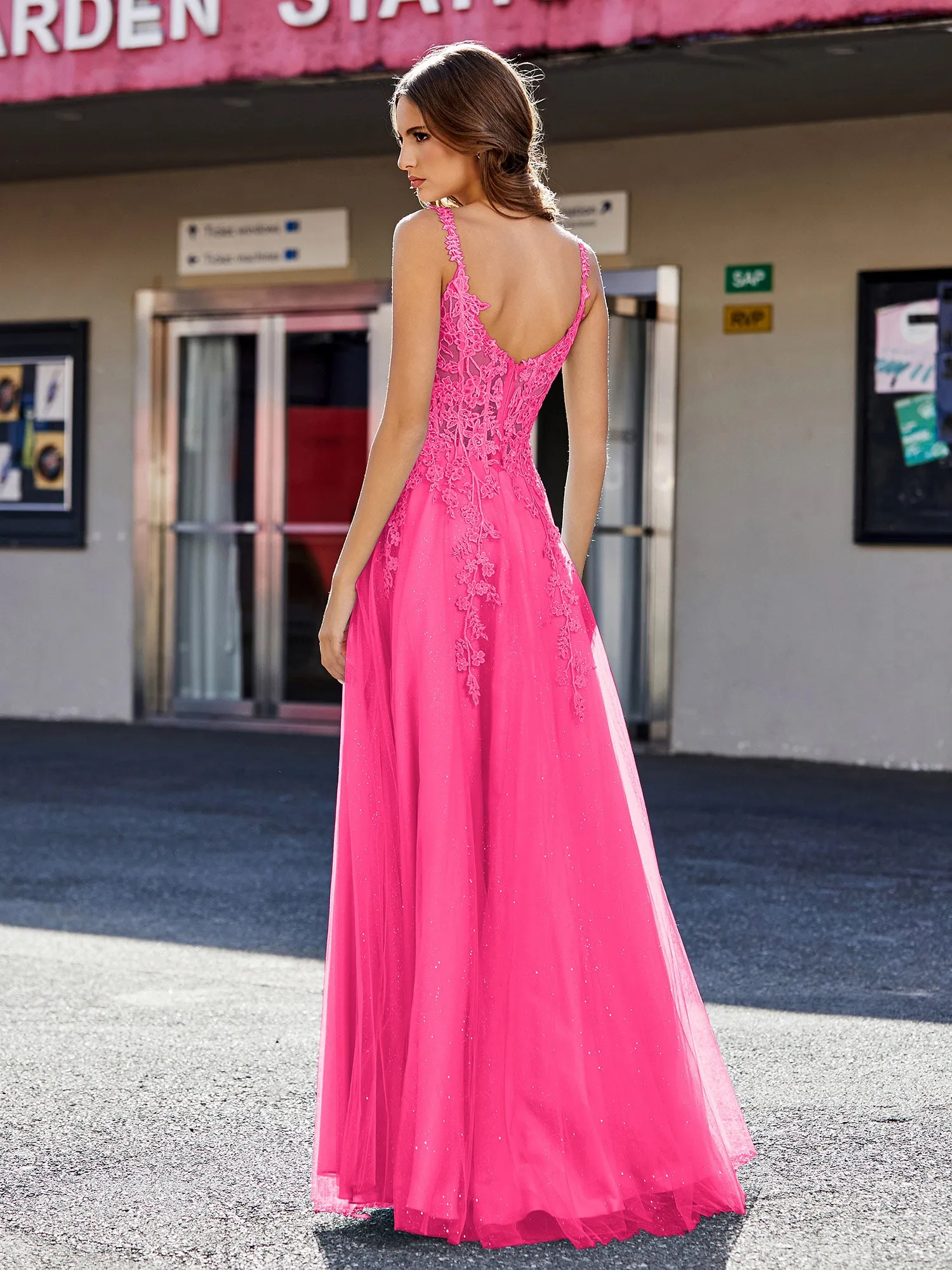 Corset Bodice A Line Tulle Gown Fuchsia