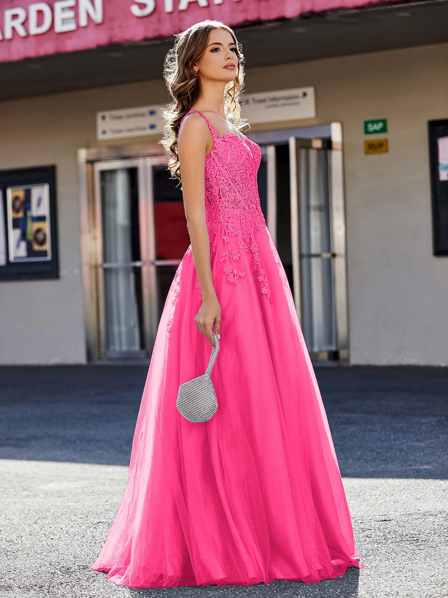 Corset Bodice A Line Tulle Gown Fuchsia