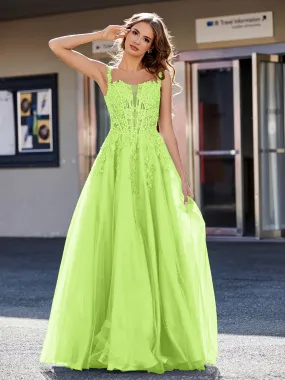 Corset Bodice A Line Tulle Gown Lime Green