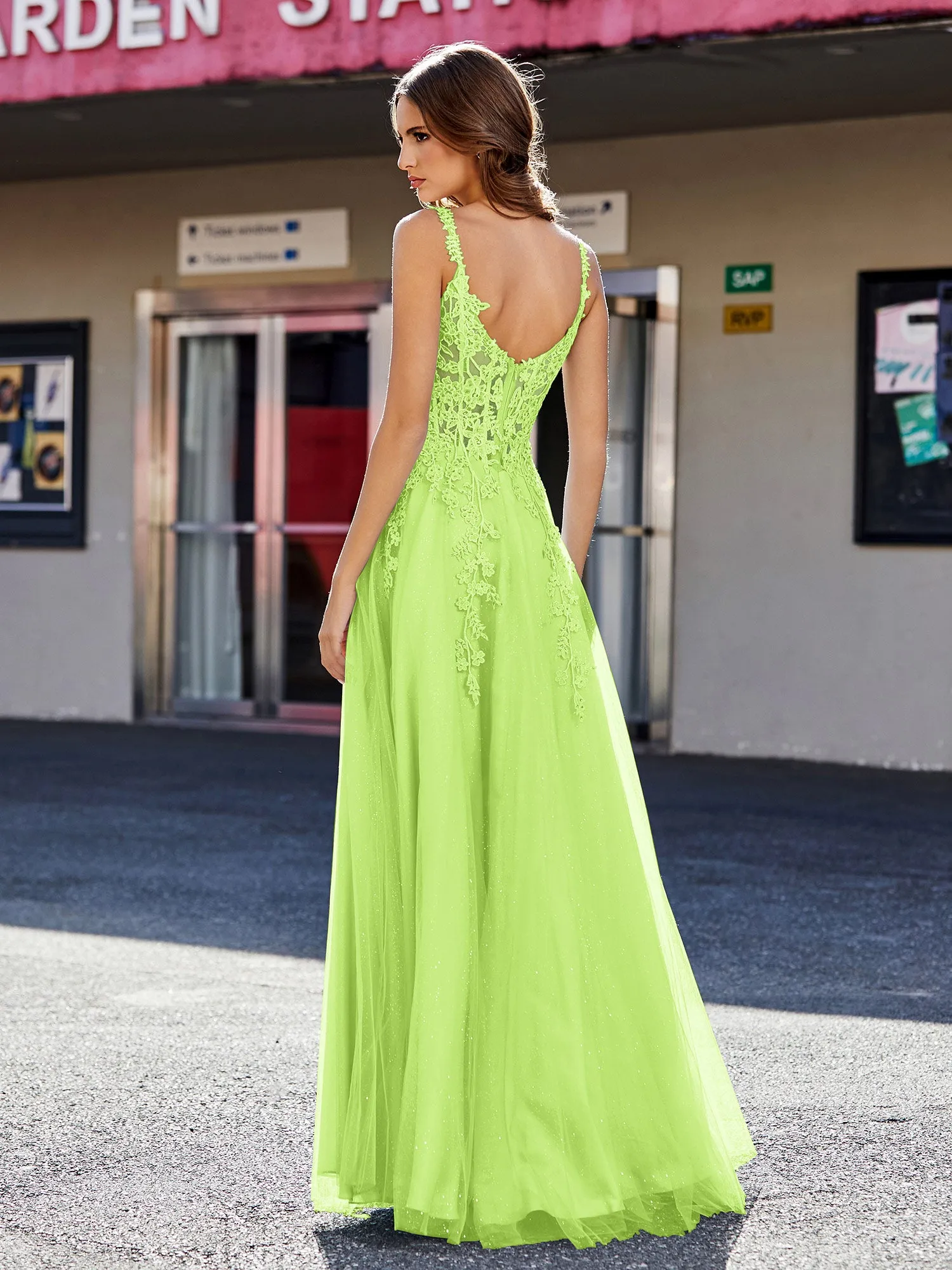 Corset Bodice A Line Tulle Gown Lime Green