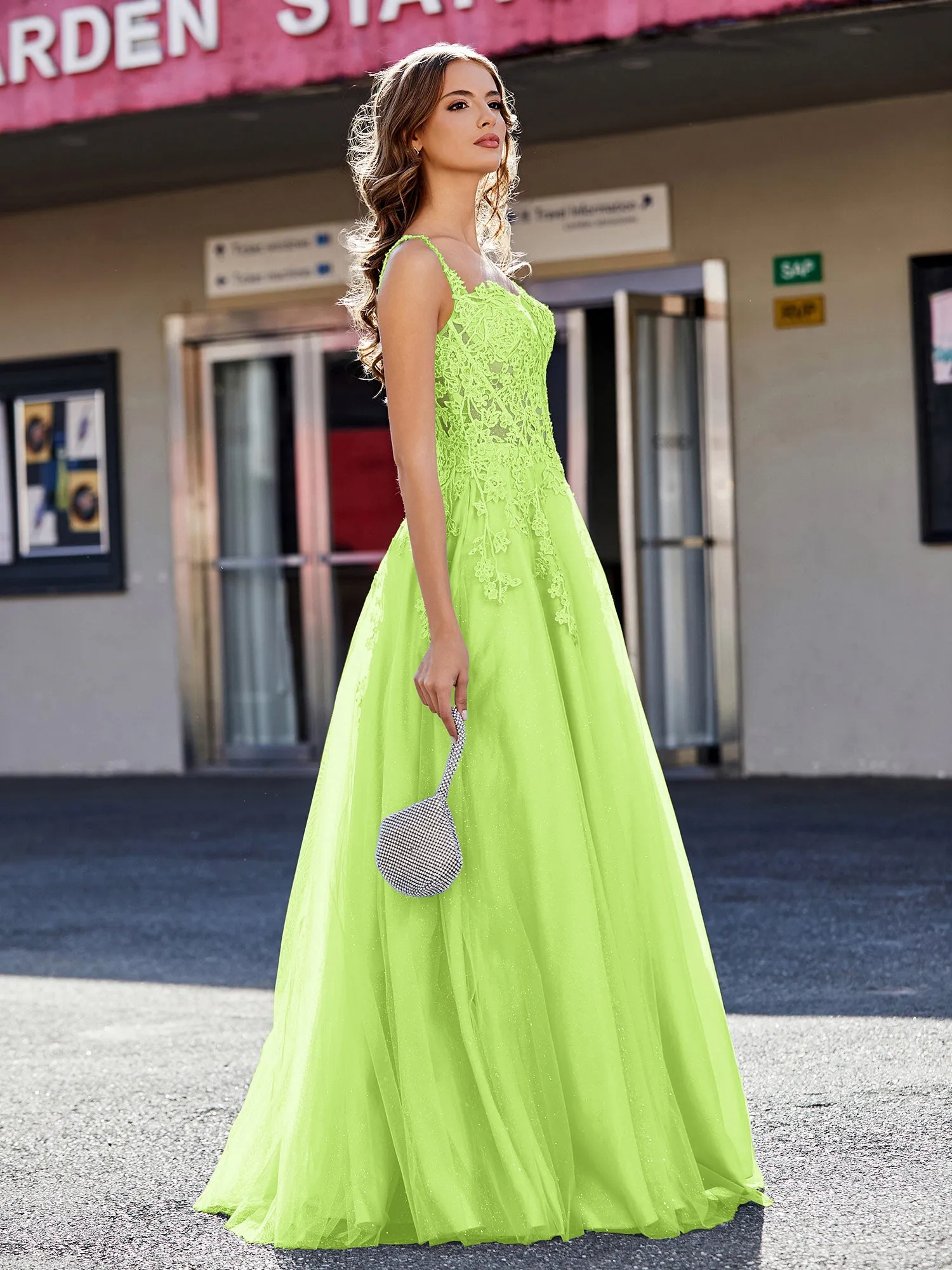 Corset Bodice A Line Tulle Gown Lime Green