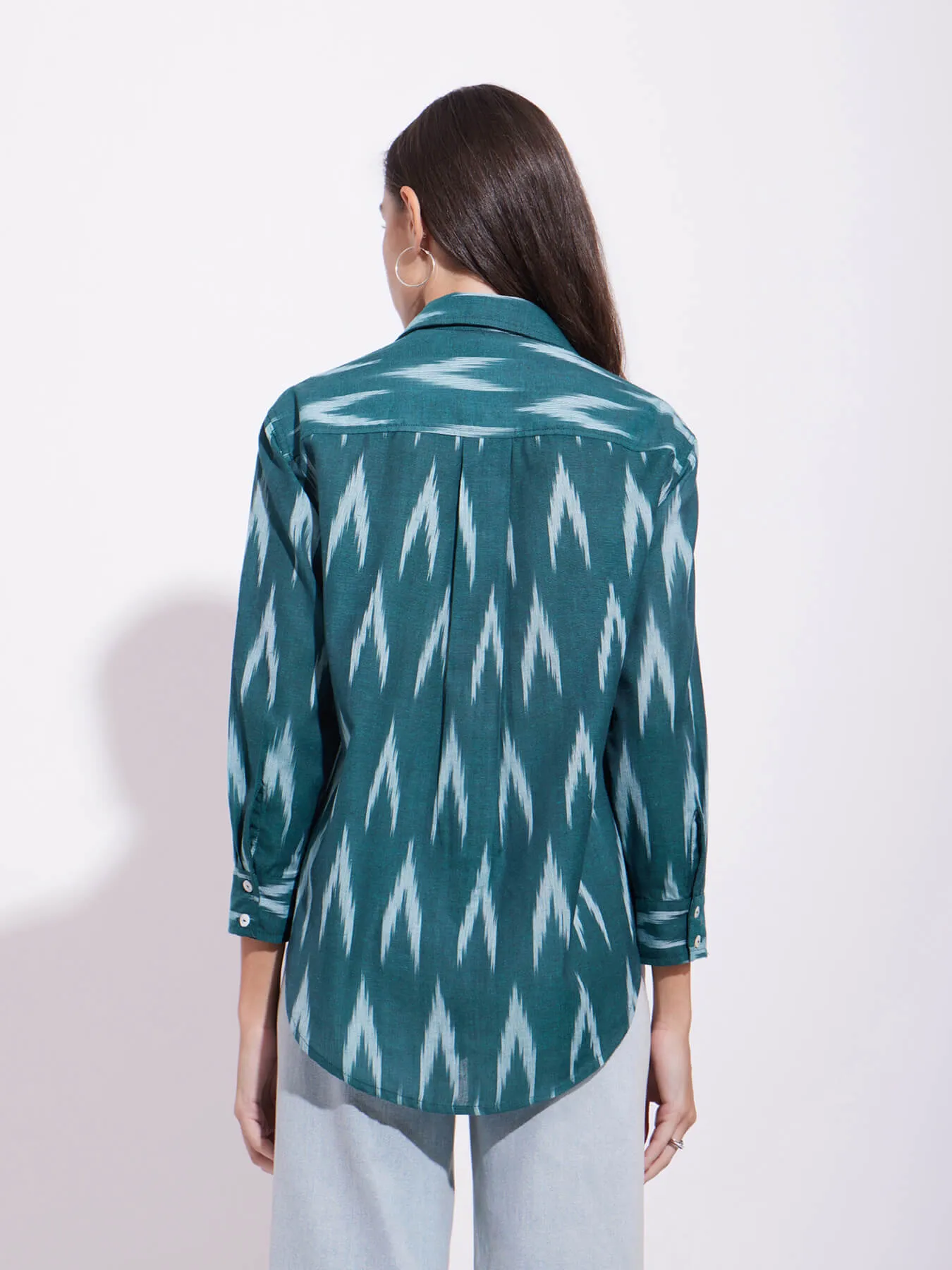 Cotton Ikat Full Sleeves Shirt - Green