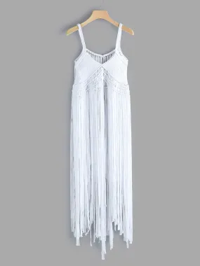 Custom V-Neck Plain Tassel Sleeveless Tassel Hem White Cover Ups Swimwear