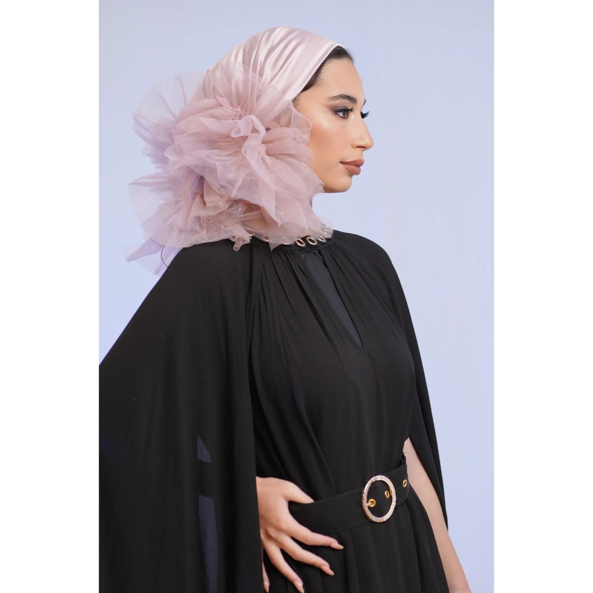 Evening Headscarf w/ Tulle, Rinati Lakel - Cool Tone Pink/Mauve