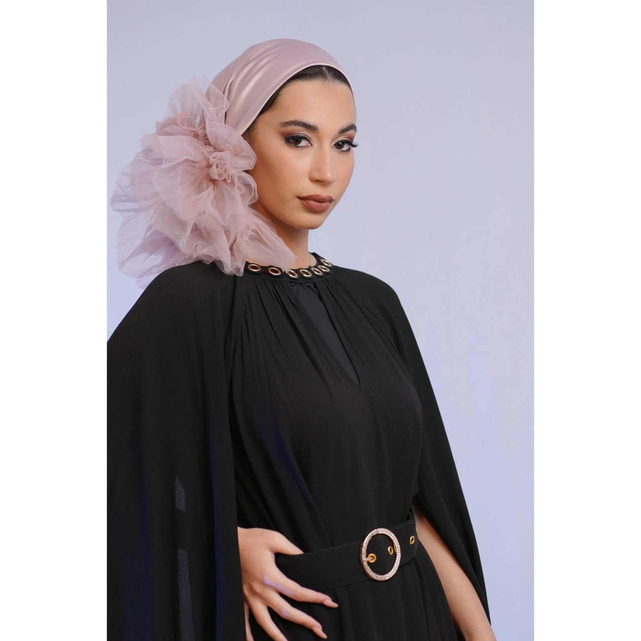Evening Headscarf w/ Tulle, Rinati Lakel - Cool Tone Pink/Mauve