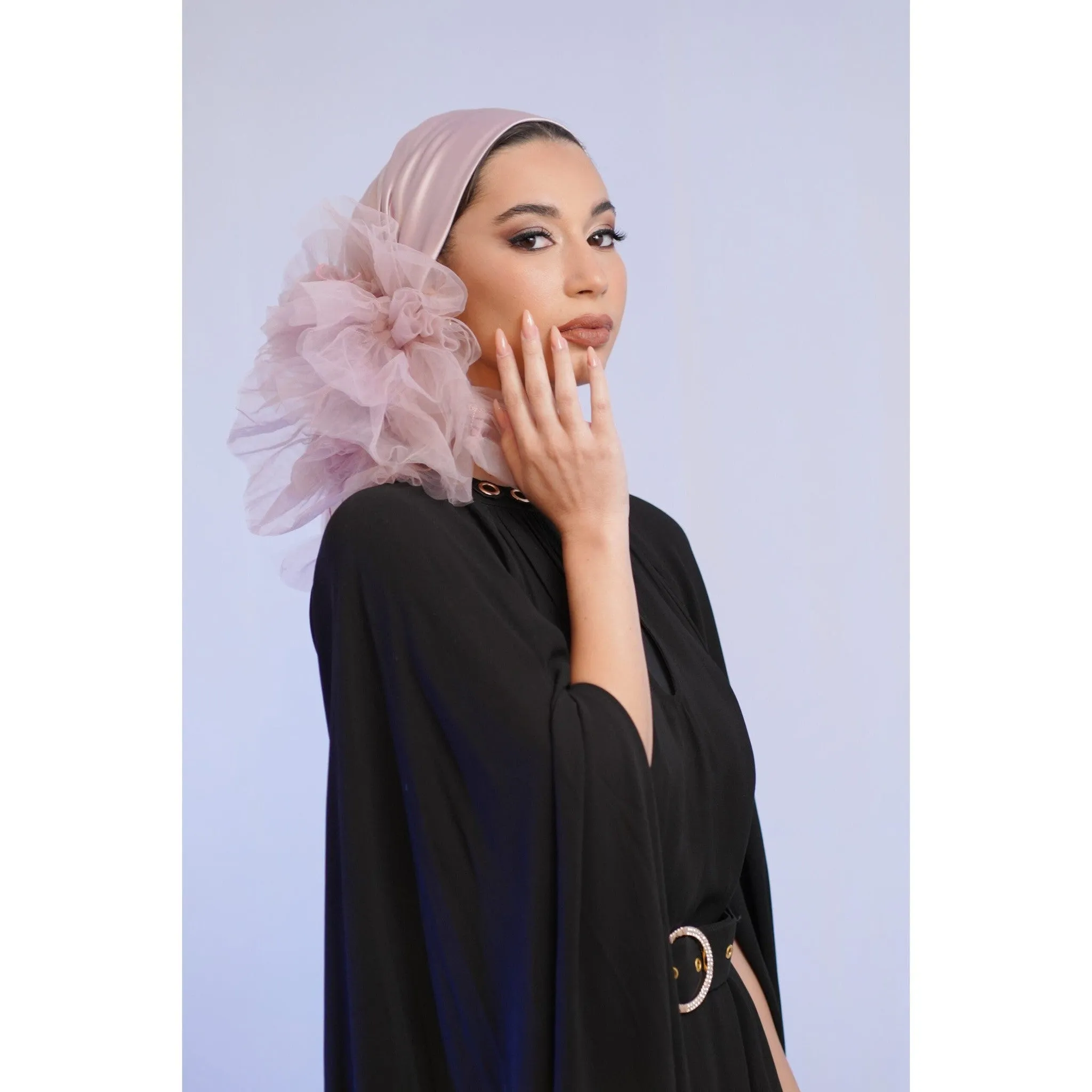 Evening Headscarf w/ Tulle, Rinati Lakel - Cool Tone Pink/Mauve
