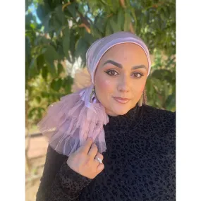 Evening Headscarf w/ Tulle, Rinati Lakel - Cool Tone Pink/Mauve