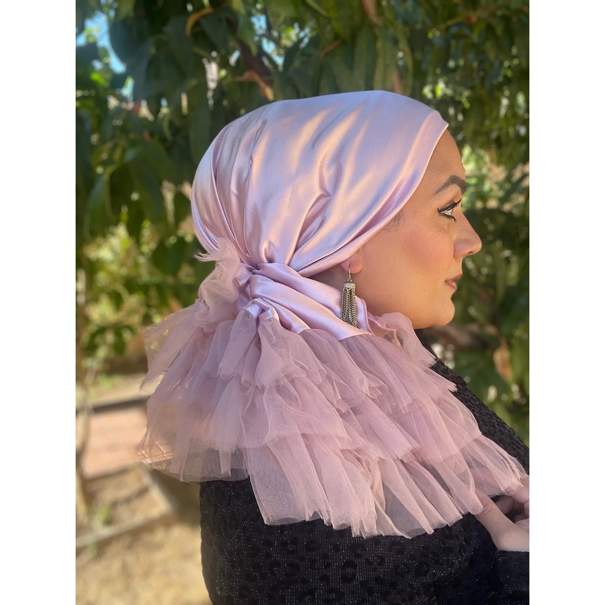 Evening Headscarf w/ Tulle, Rinati Lakel - Cool Tone Pink/Mauve