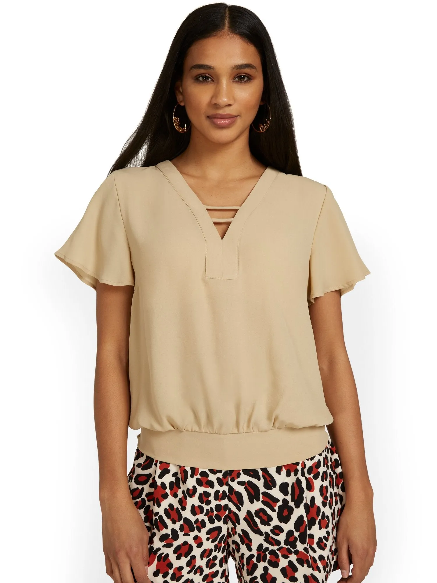 Flutter-Sleeve Banded Blouse