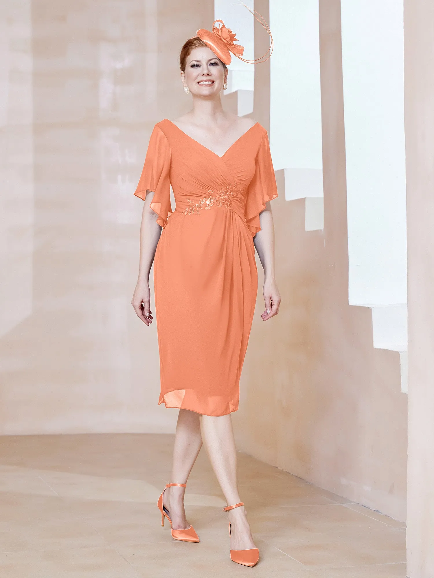 Flutter Sleeves V-neck Sequins Applique Decor Dress Papaya