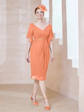 Flutter Sleeves V-neck Sequins Applique Decor Dress Papaya