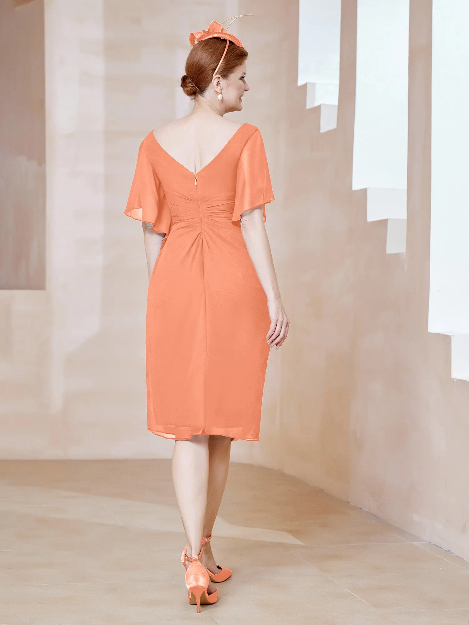 Flutter Sleeves V-neck Sequins Applique Decor Dress Papaya