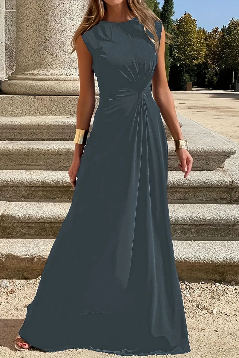 Flytonn- Elegant Simplicity Solid Fold O Neck Vest Dresses