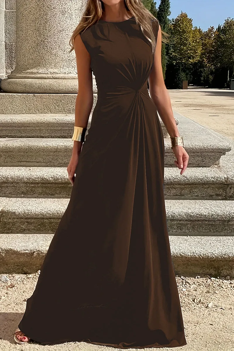 Flytonn- Elegant Simplicity Solid Fold O Neck Vest Dresses
