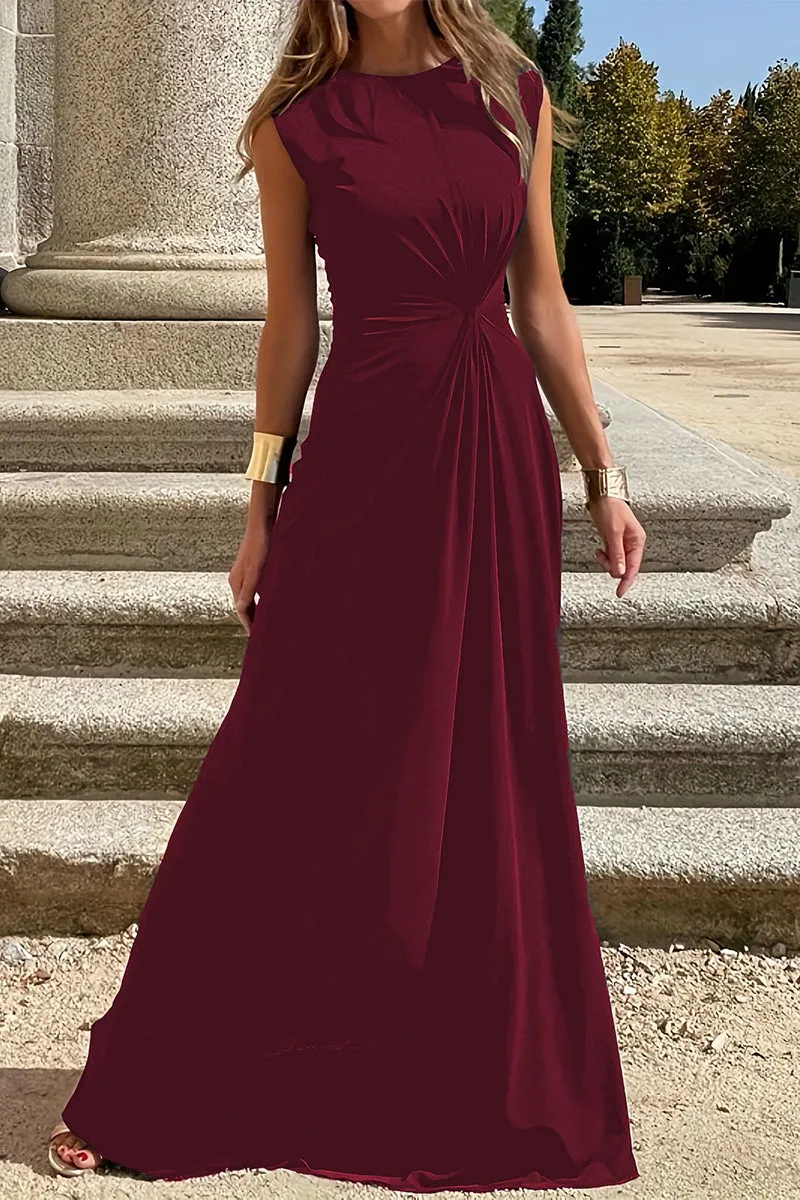 Flytonn- Elegant Simplicity Solid Fold O Neck Vest Dresses