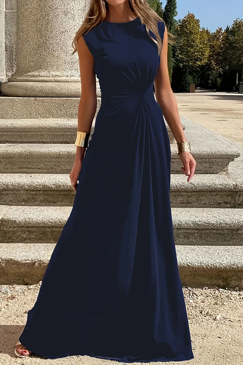 Flytonn- Elegant Simplicity Solid Fold O Neck Vest Dresses