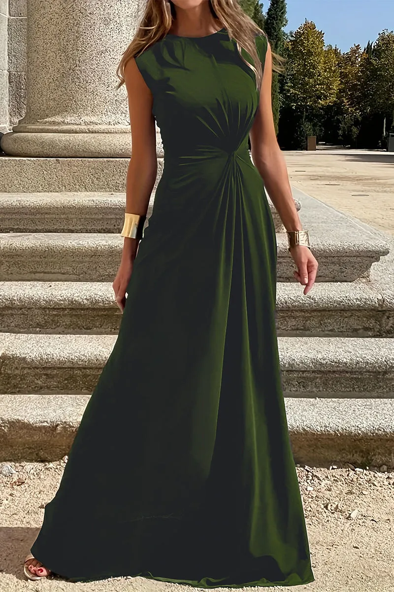 Flytonn- Elegant Simplicity Solid Fold O Neck Vest Dresses
