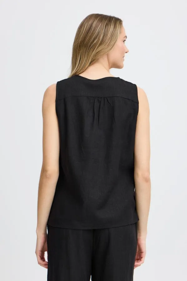 Fransa Linen Blend Top Black