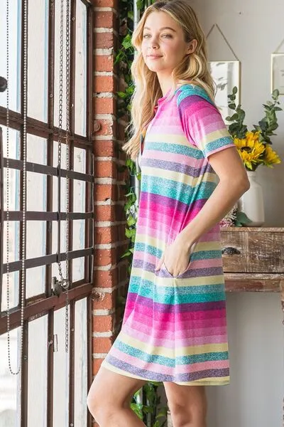 Heimish Pink Multi Color  Striped Short Sleeve Mini Dress
