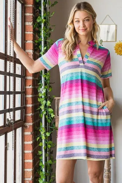 Heimish Pink Multi Color  Striped Short Sleeve Mini Dress