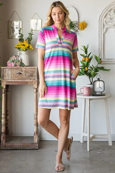 Heimish Pink Multi Color  Striped Short Sleeve Mini Dress