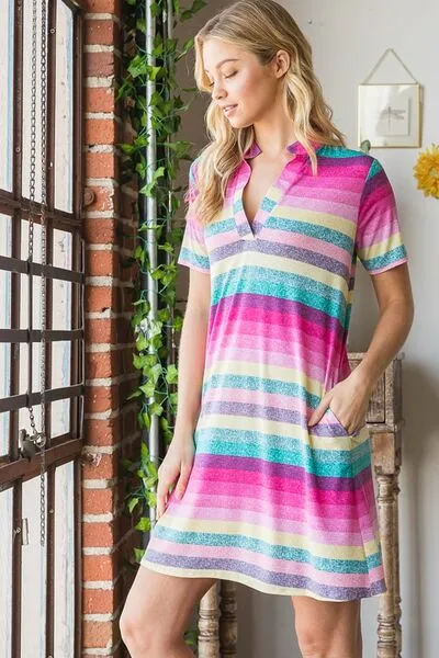 Heimish Pink Multi Color  Striped Short Sleeve Mini Dress