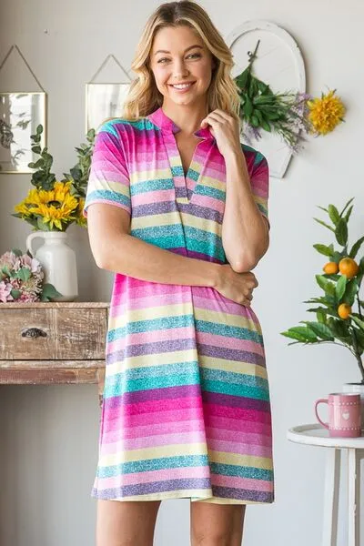 Heimish Pink Multi Color  Striped Short Sleeve Mini Dress