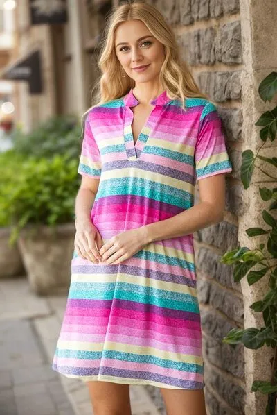 Heimish Pink Multi Color  Striped Short Sleeve Mini Dress