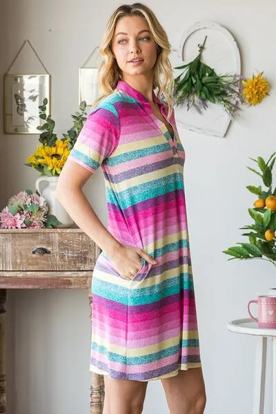 Heimish Pink Multi Color  Striped Short Sleeve Mini Dress