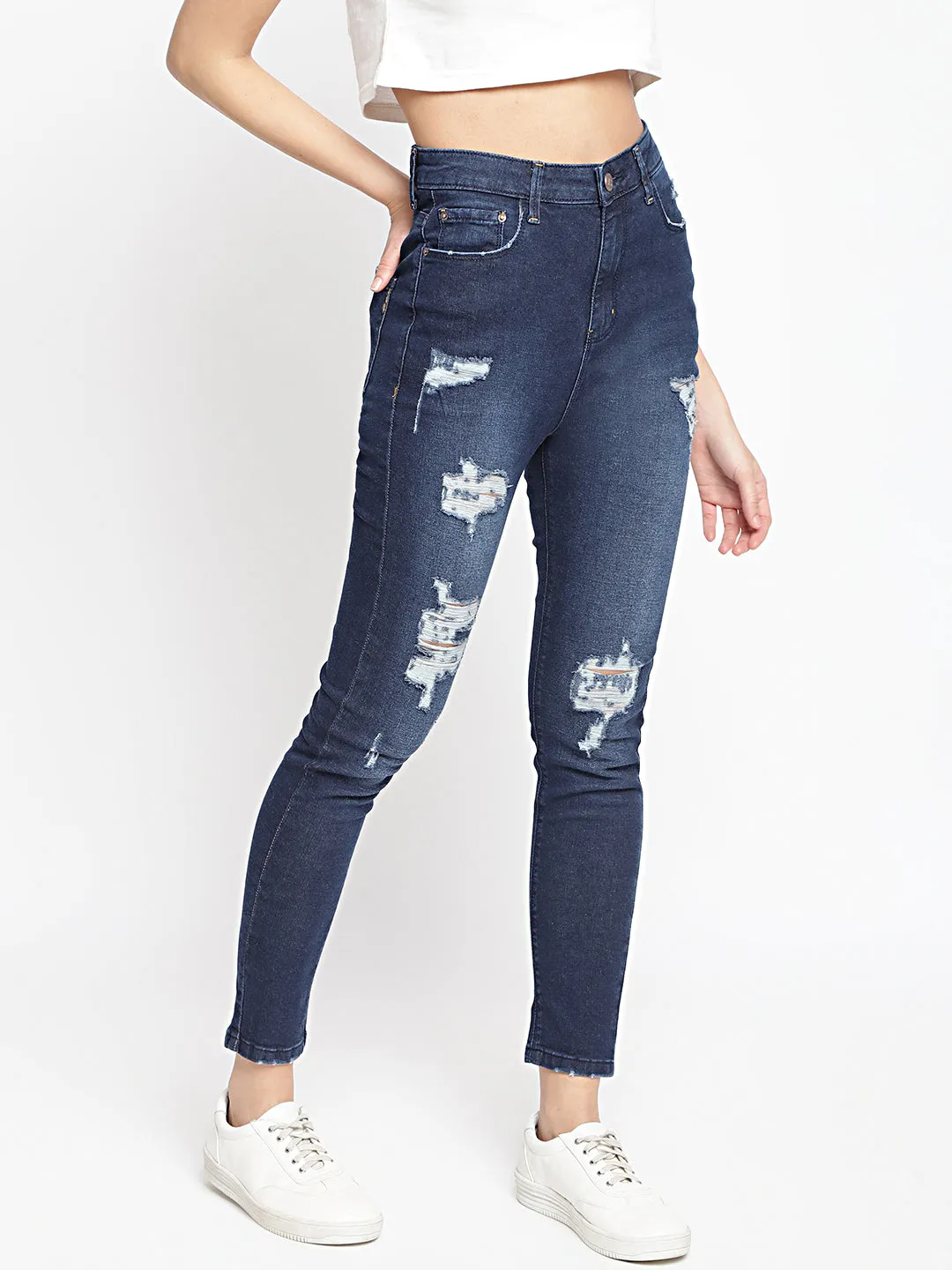 High Distressed Slim Fit Jeans