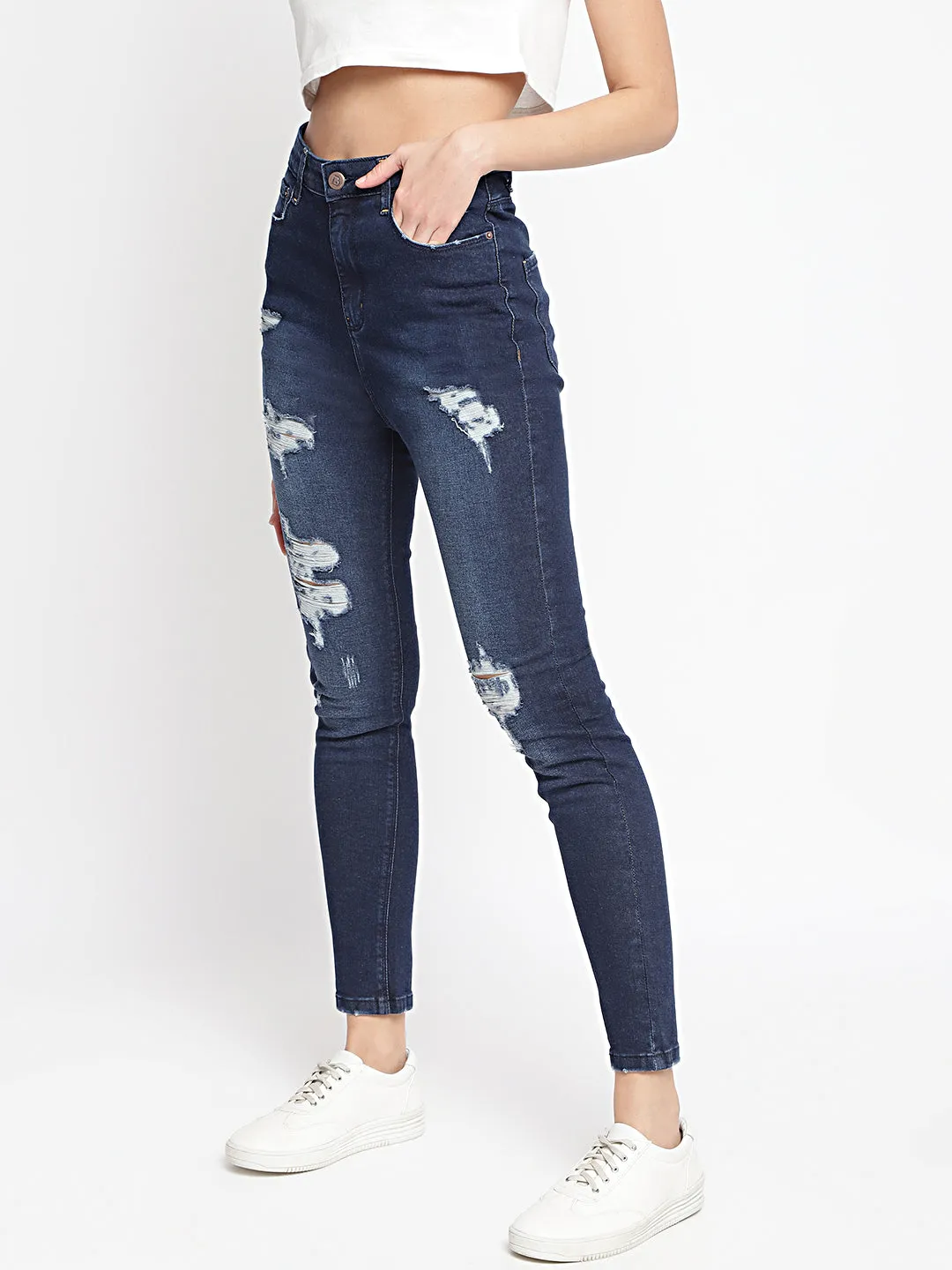 High Distressed Slim Fit Jeans