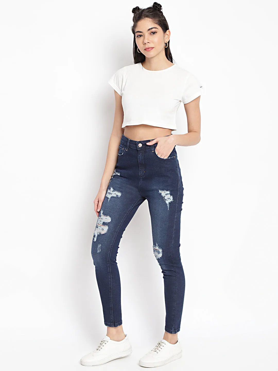 High Distressed Slim Fit Jeans