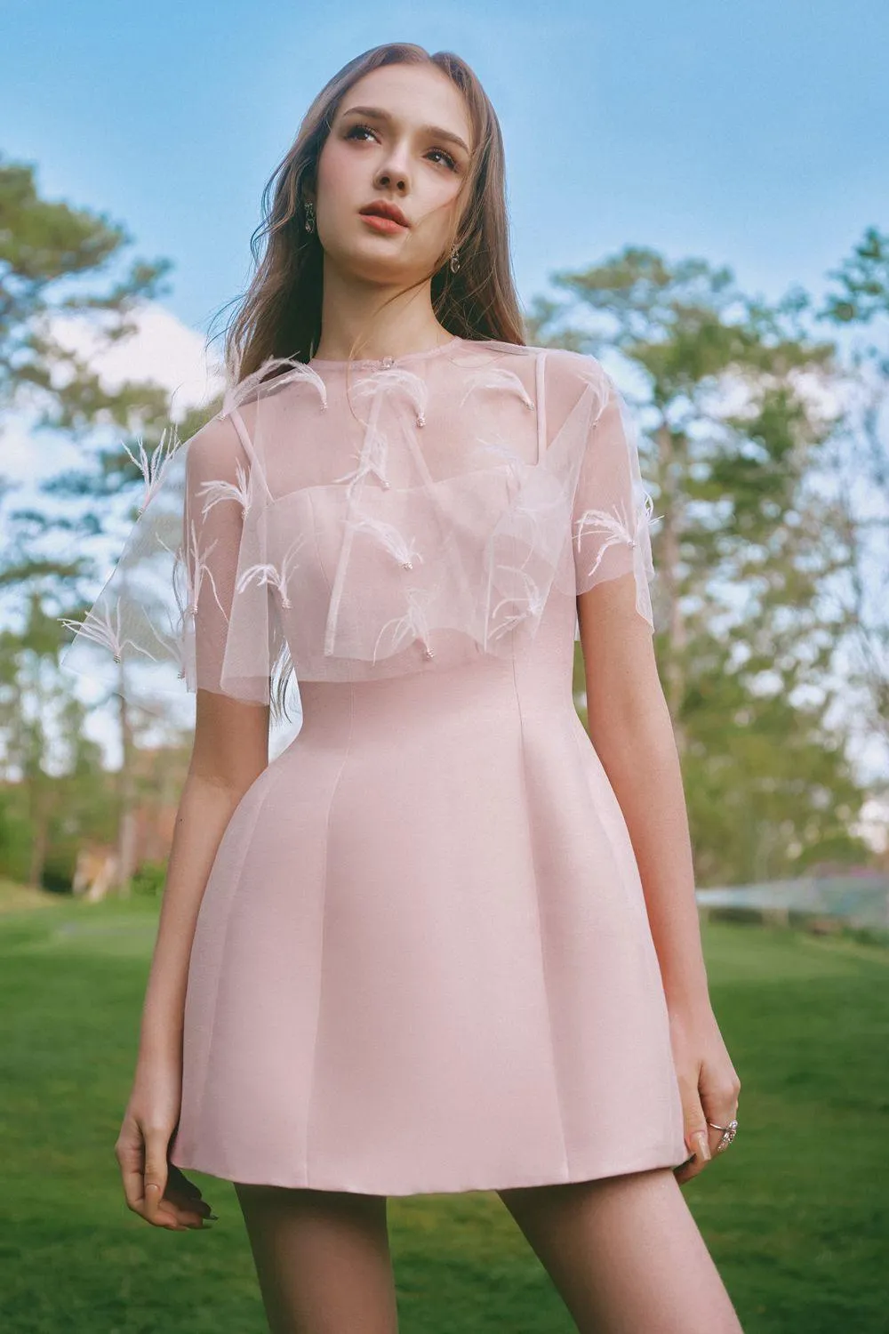 Keira A-line Cape Shoulder Taffeta Mini Dress