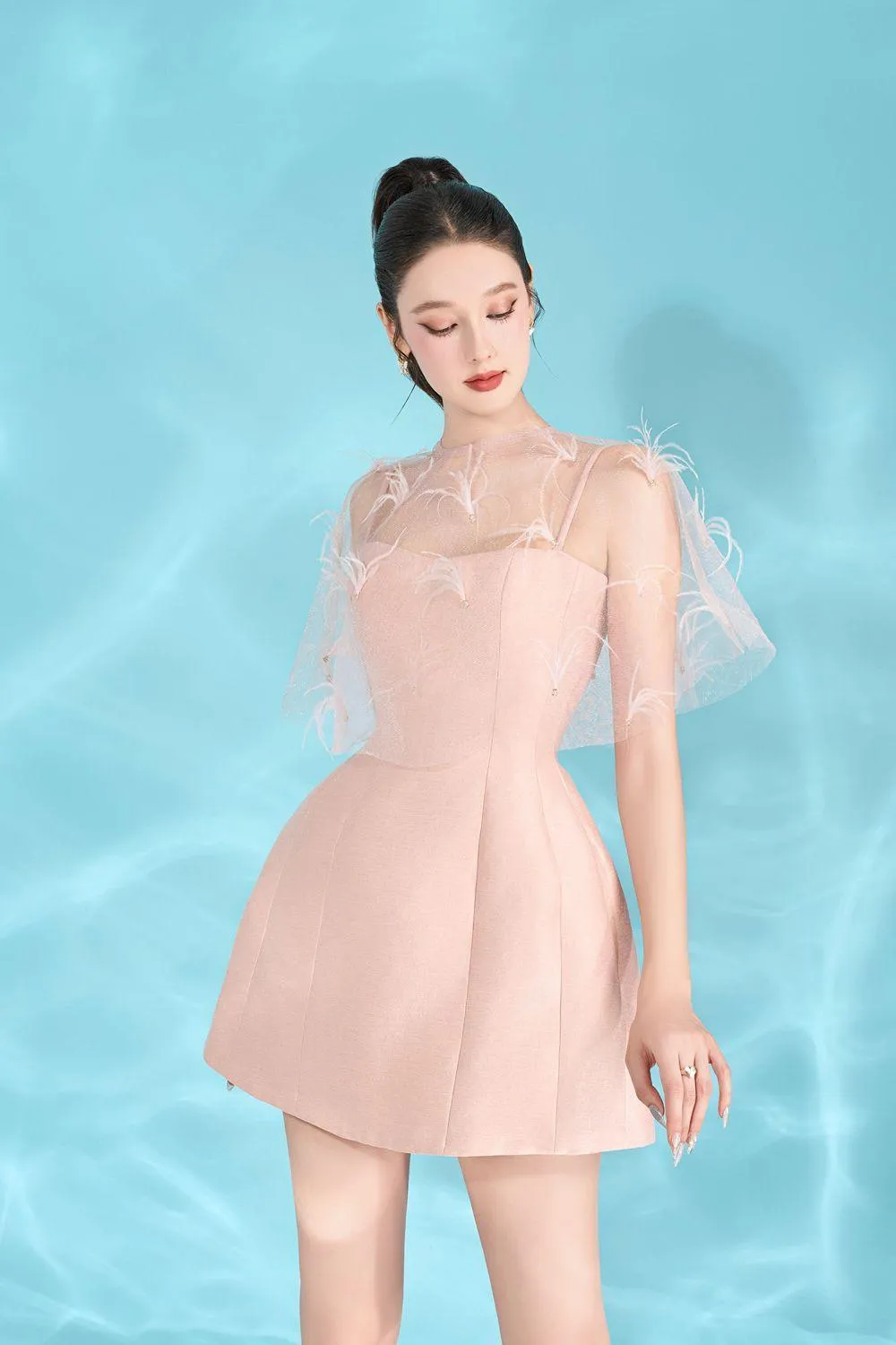 Keira A-line Cape Shoulder Taffeta Mini Dress