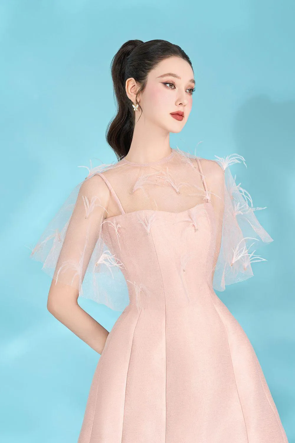 Keira A-line Cape Shoulder Taffeta Mini Dress