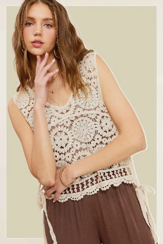 La Miel Self Side Tie Detailed Crochet Vest Top