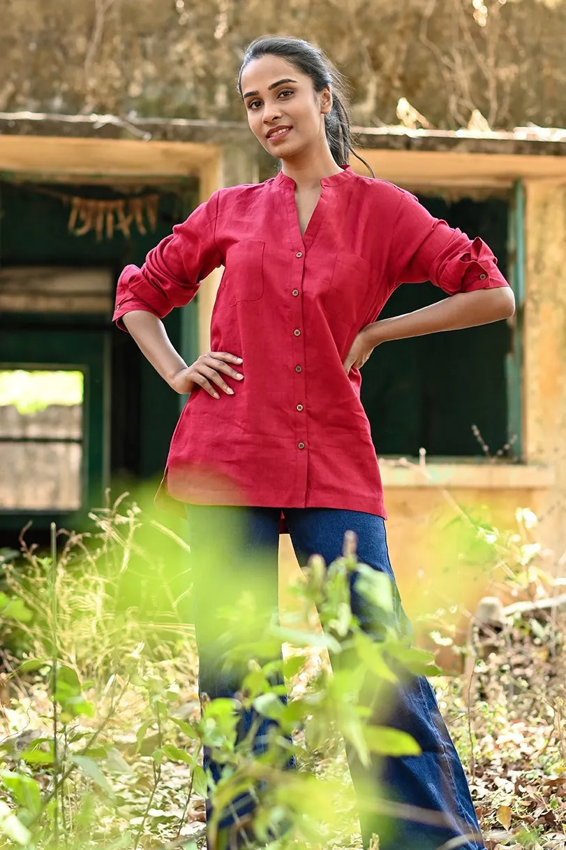 Millie Linen Boxy Shirt - Maroon