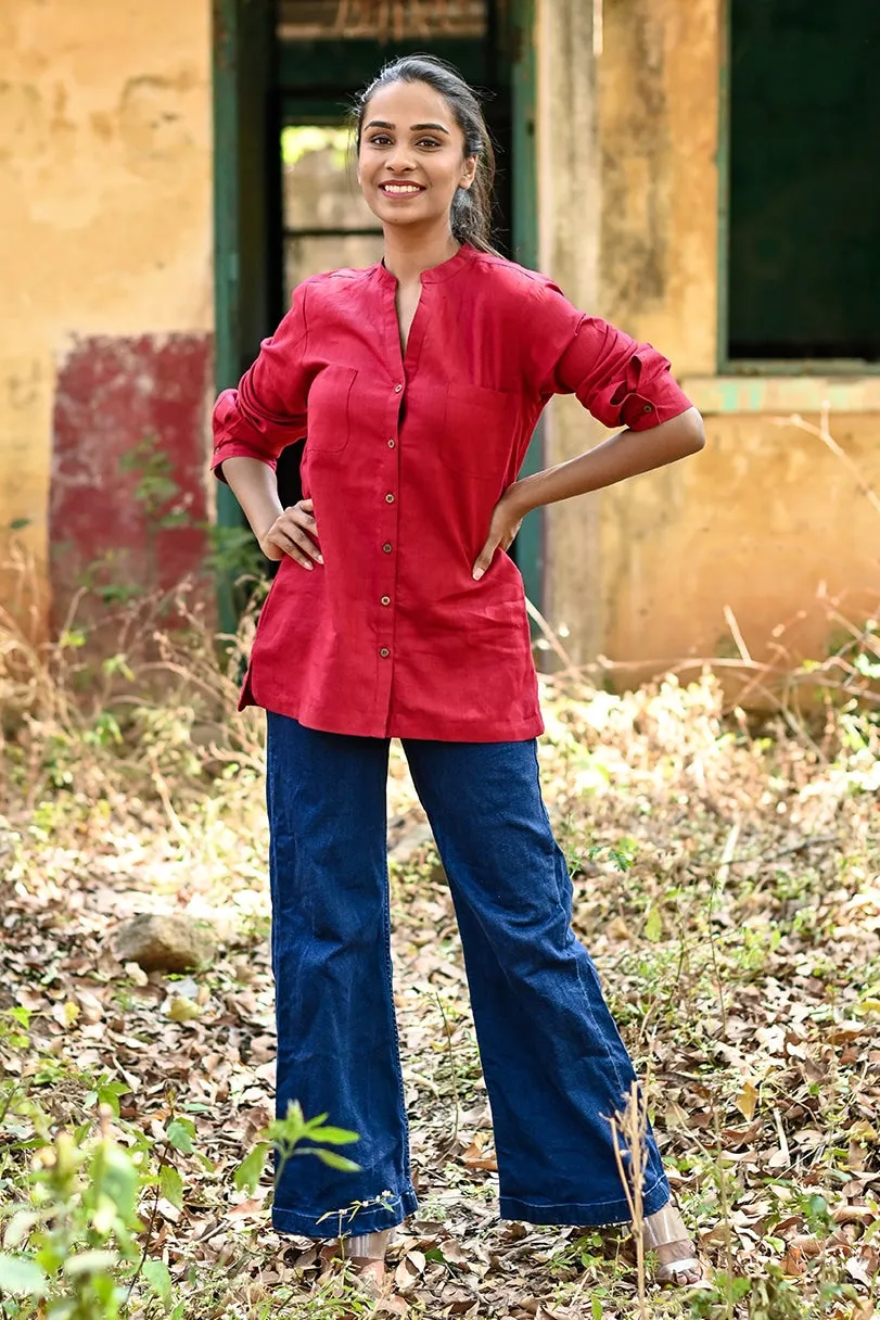 Millie Linen Boxy Shirt - Maroon