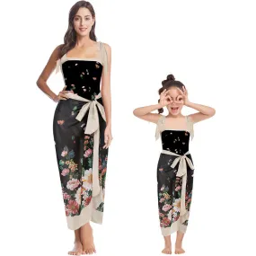 Mother-Daughter Black Flower Print Matching One-Piece Swimsuit with Skirt Set
