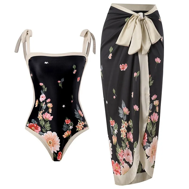 Mother-Daughter Black Flower Print Matching One-Piece Swimsuit with Skirt Set