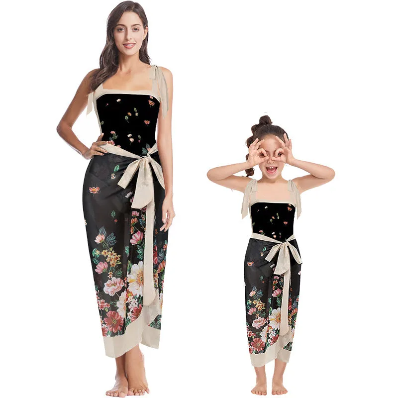 Mother-Daughter Black Flower Print Matching One-Piece Swimsuit with Skirt Set