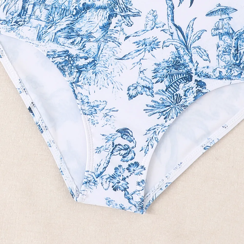 Mother-Daughter Blue Matching One-Piece Swimsuit with Skirt Set
