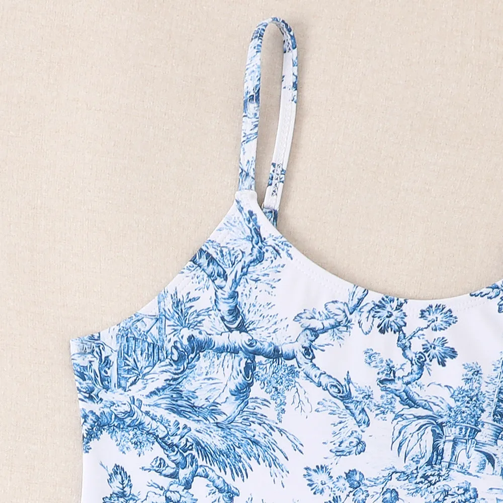 Mother-Daughter Blue Matching One-Piece Swimsuit with Skirt Set
