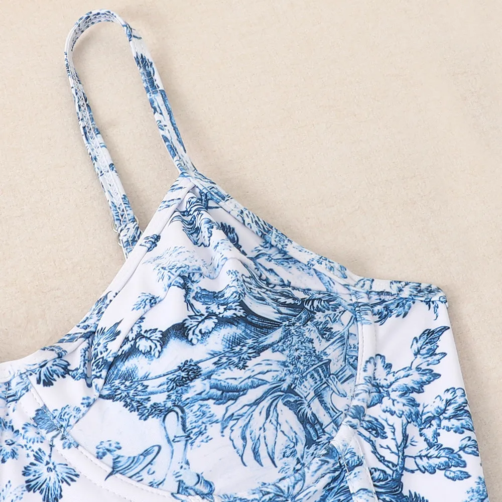 Mother-Daughter Blue Matching One-Piece Swimsuit with Skirt Set