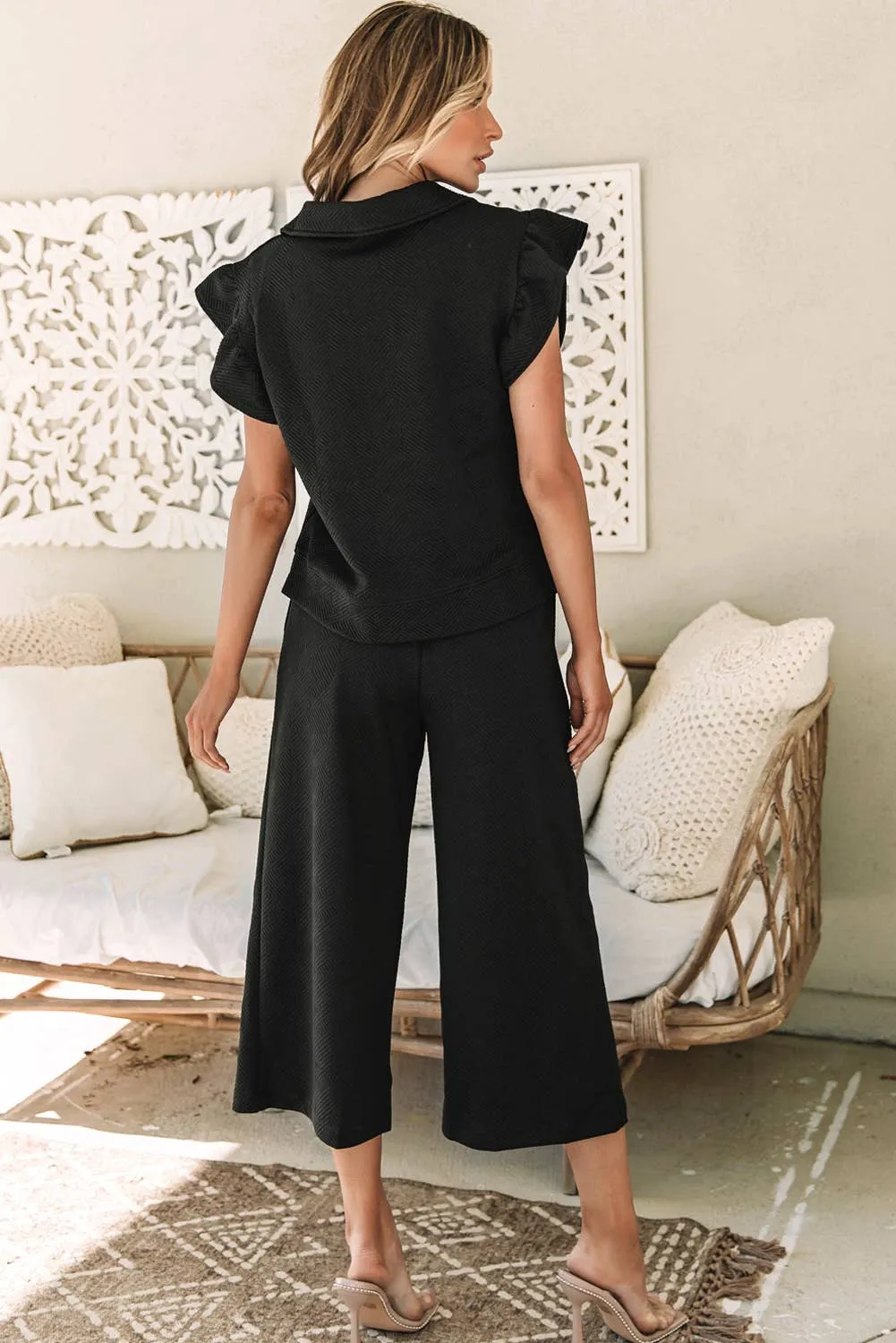 My Go To Textured Flutter Sleeve Top Wide Leg Pants Set