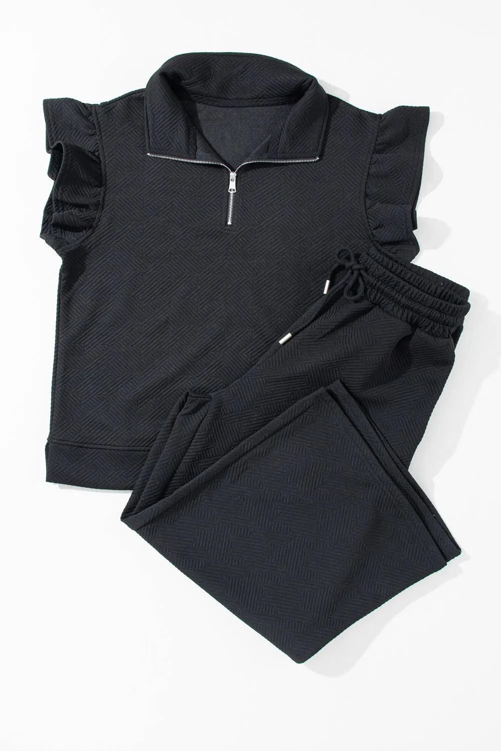 My Go To Textured Flutter Sleeve Top Wide Leg Pants Set
