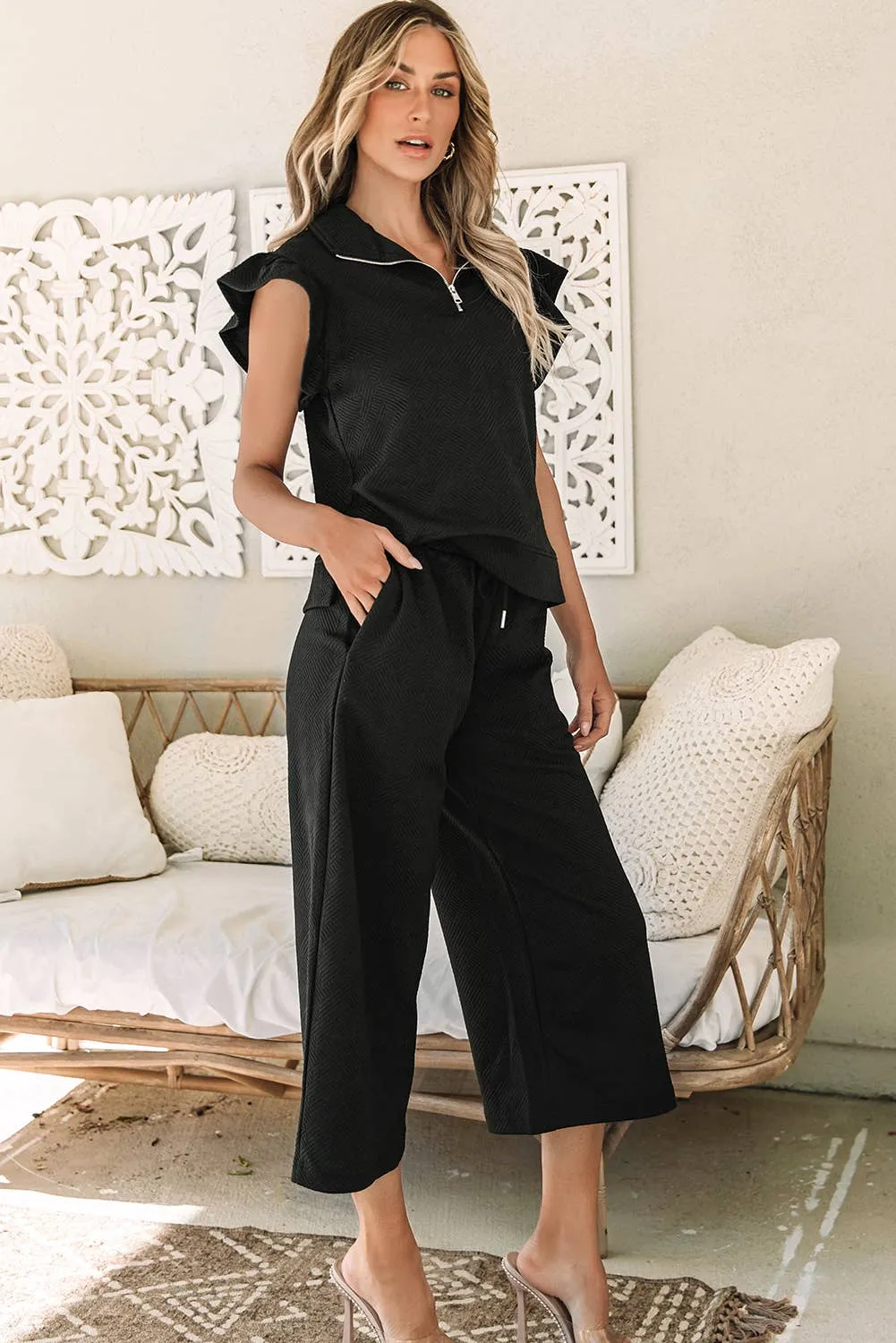 My Go To Textured Flutter Sleeve Top Wide Leg Pants Set