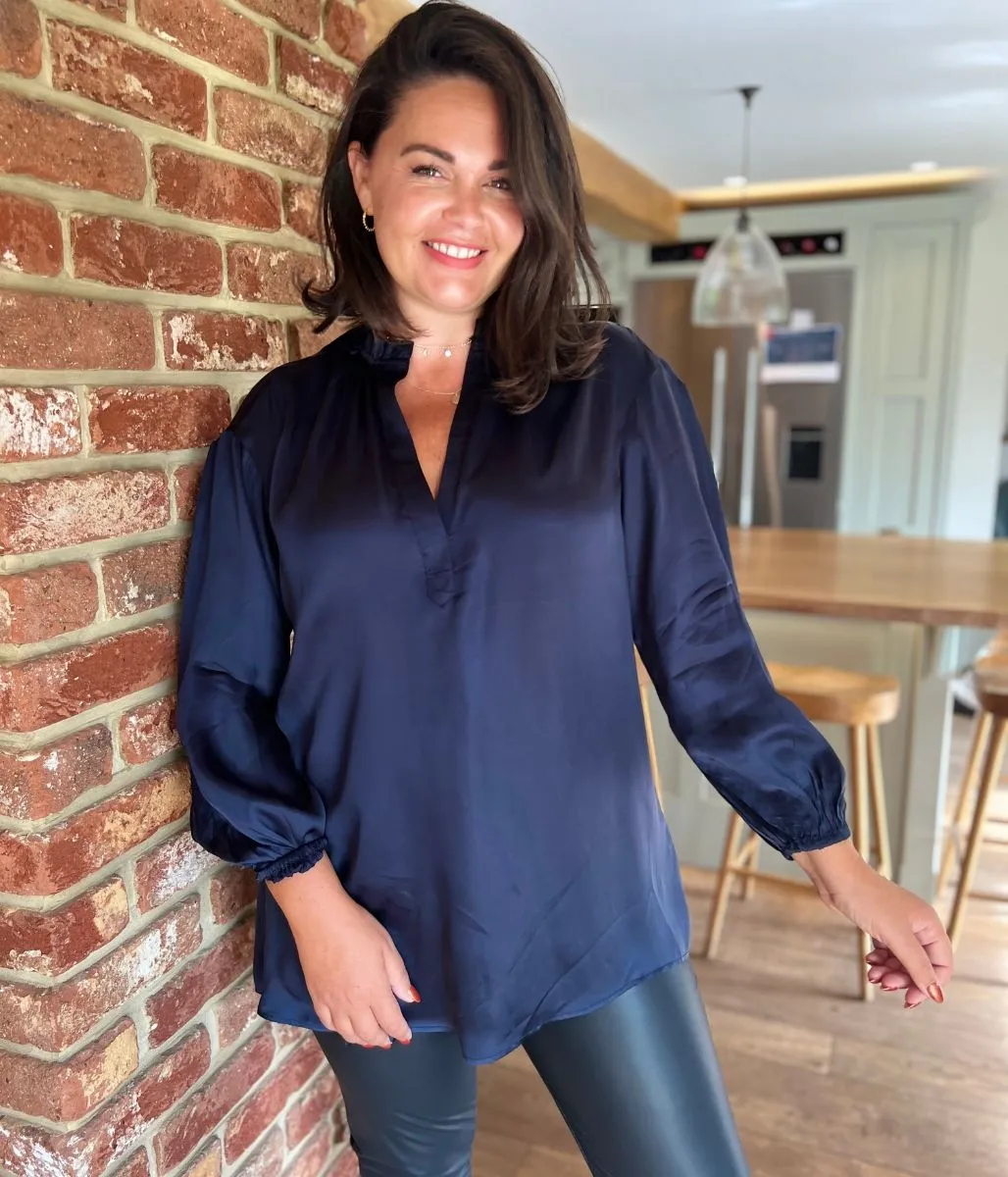 Navy Satin Popover Blouse