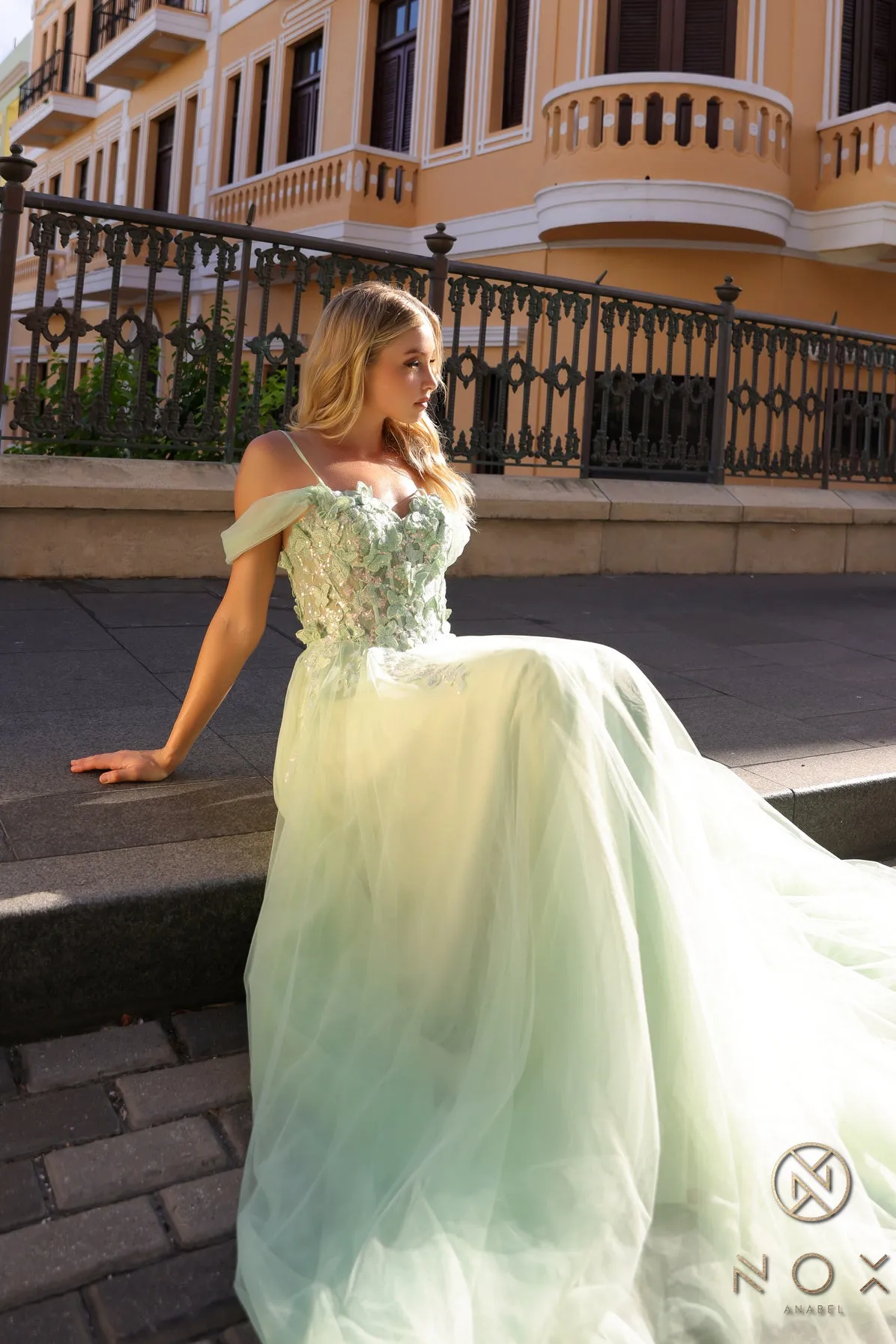 Nox Anabel J1324 A Line Prom Dress Sequin Lace Tulle off the shoulder Sheer Corset Formal Gown