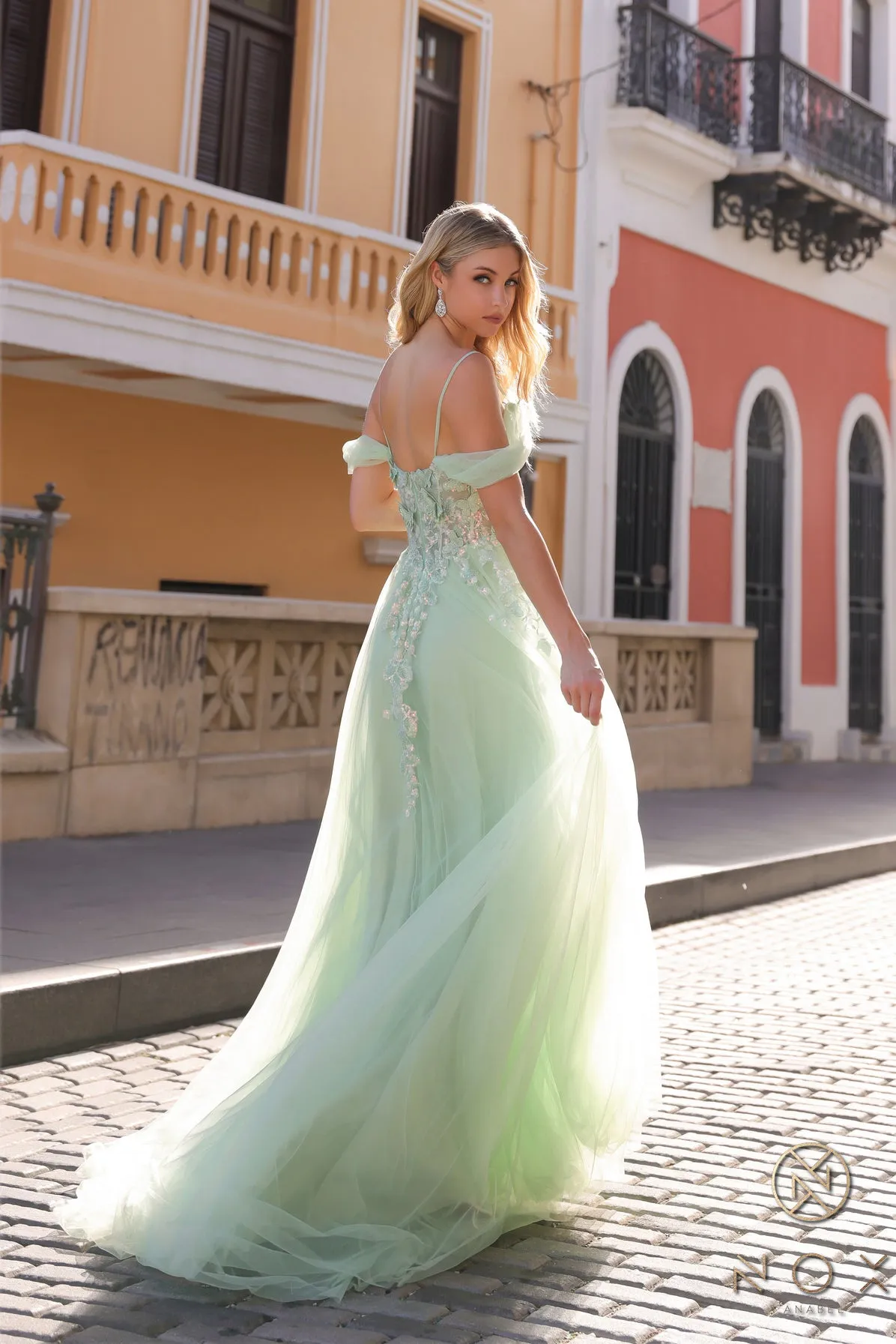 Nox Anabel J1324 A Line Prom Dress Sequin Lace Tulle off the shoulder Sheer Corset Formal Gown